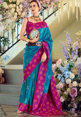Blue Embroidered Poly Blend Saree Set With Blouse