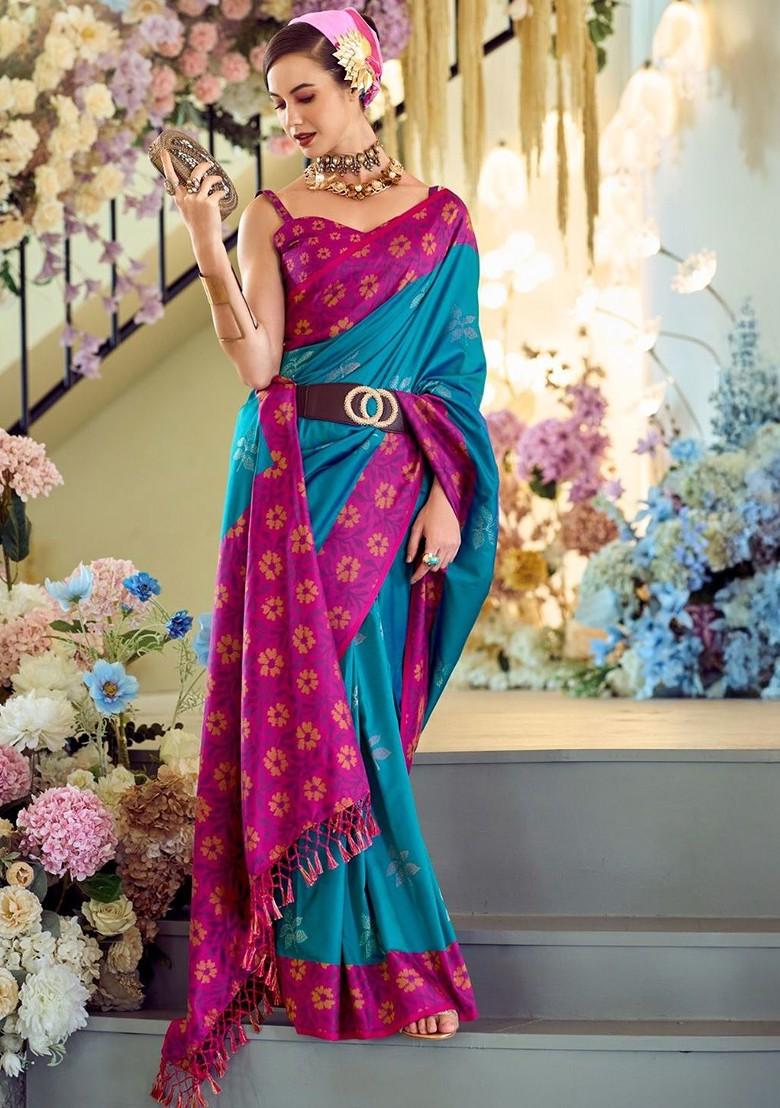 Blue Embroidered Poly Blend Saree Set With Blouse