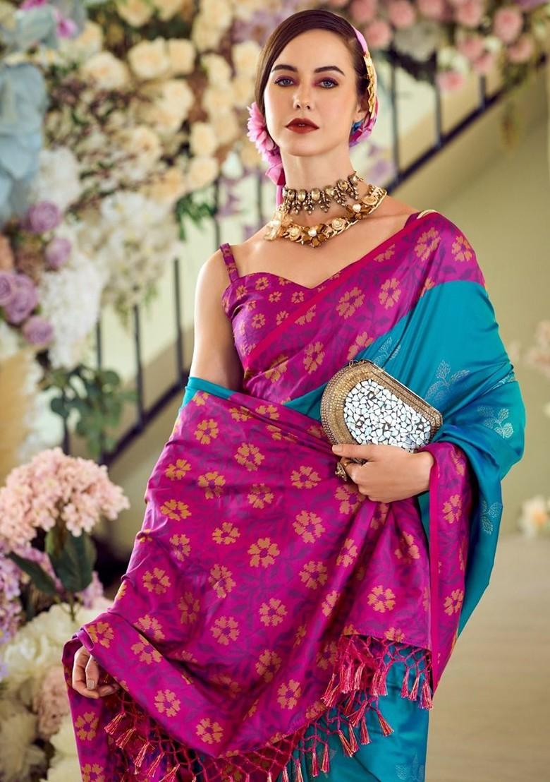 Blue Embroidered Poly Blend Saree Set With Blouse