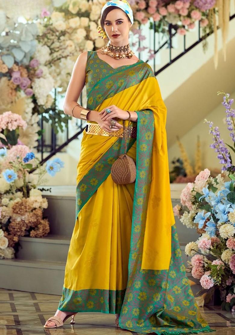Yellow Printed Poly Blend Saree Set With Blouse