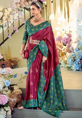 Maroon Embroidered Poly Blend Saree Set With Blouse