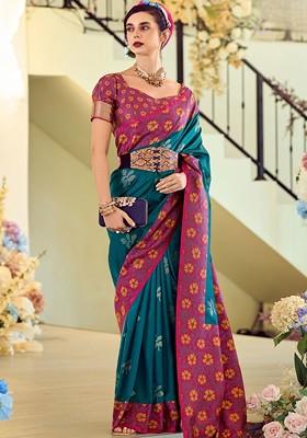 Green Woven Design Poly Blend Saree Set With Blouse