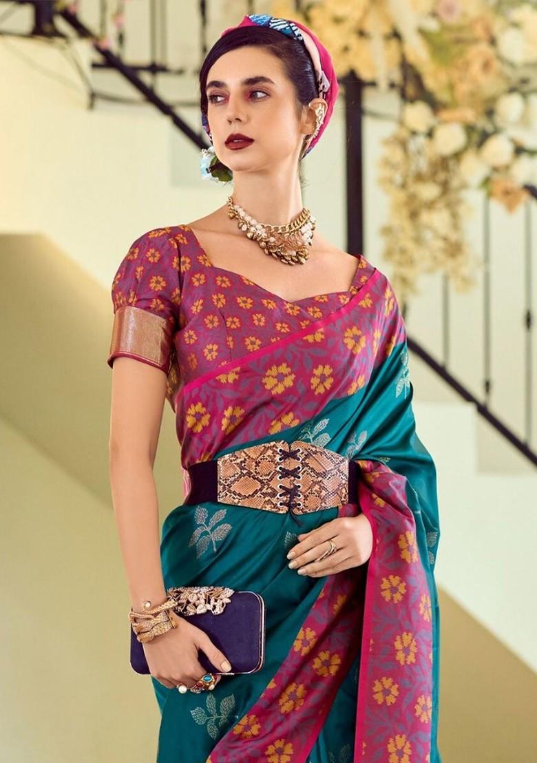 Green Woven Design Poly Blend Saree Set With Blouse