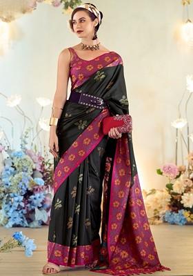 Black Printed Poly Blend Saree Set With Blouse