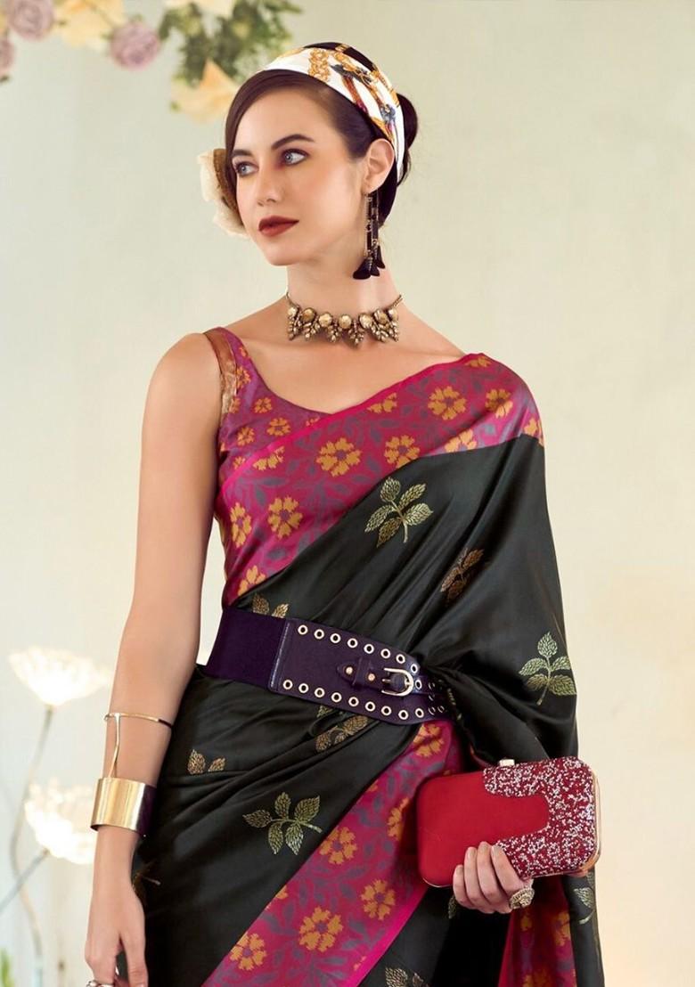 Black Printed Poly Blend Saree Set With Blouse