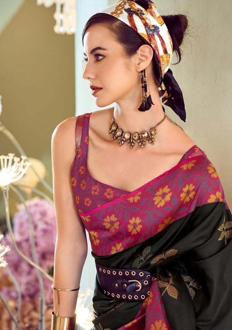 Black Printed Poly Blend Saree Set With Blouse