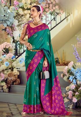 Teal Green Woven Design Poly Blend Saree Set With Blouse