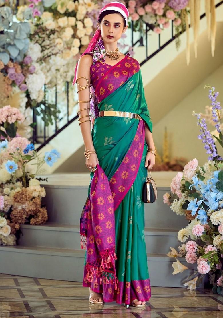 Teal Green Woven Design Poly Blend Saree Set With Blouse