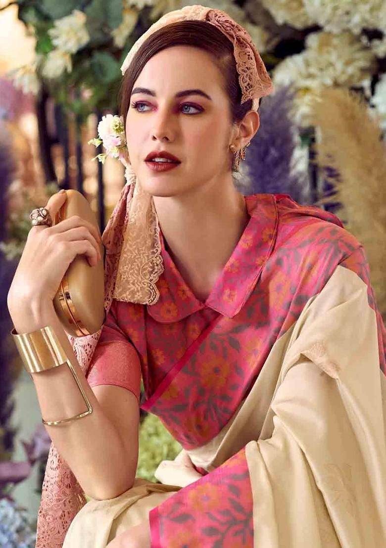 Cream Woven Design Poly Blend Saree Set With Blouse