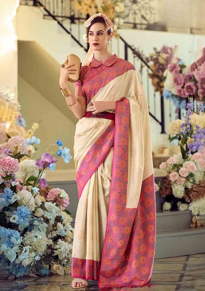 Cream Woven Design Poly Blend Saree Set With Blouse