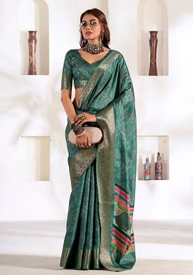 Turquoise Blue Printed Poly Blend Saree Set With Blouse