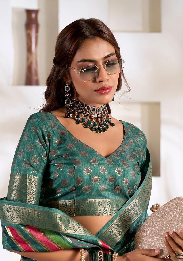 Turquoise Blue Printed Poly Blend Saree Set With Blouse