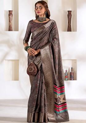 Black Printed Poly Blend Saree Set With Blouse