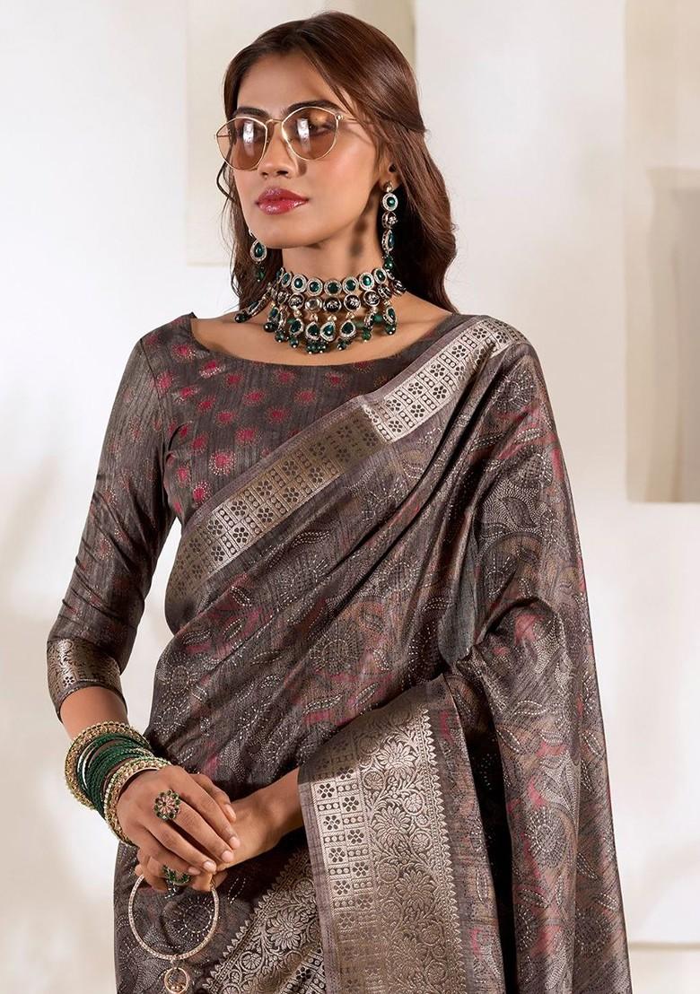 Black Printed Poly Blend Saree Set With Blouse