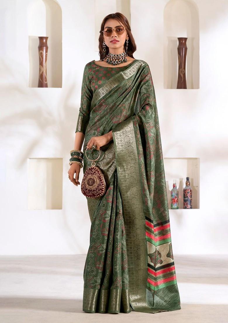 Green Printed Poly Blend Saree Set With Blouse