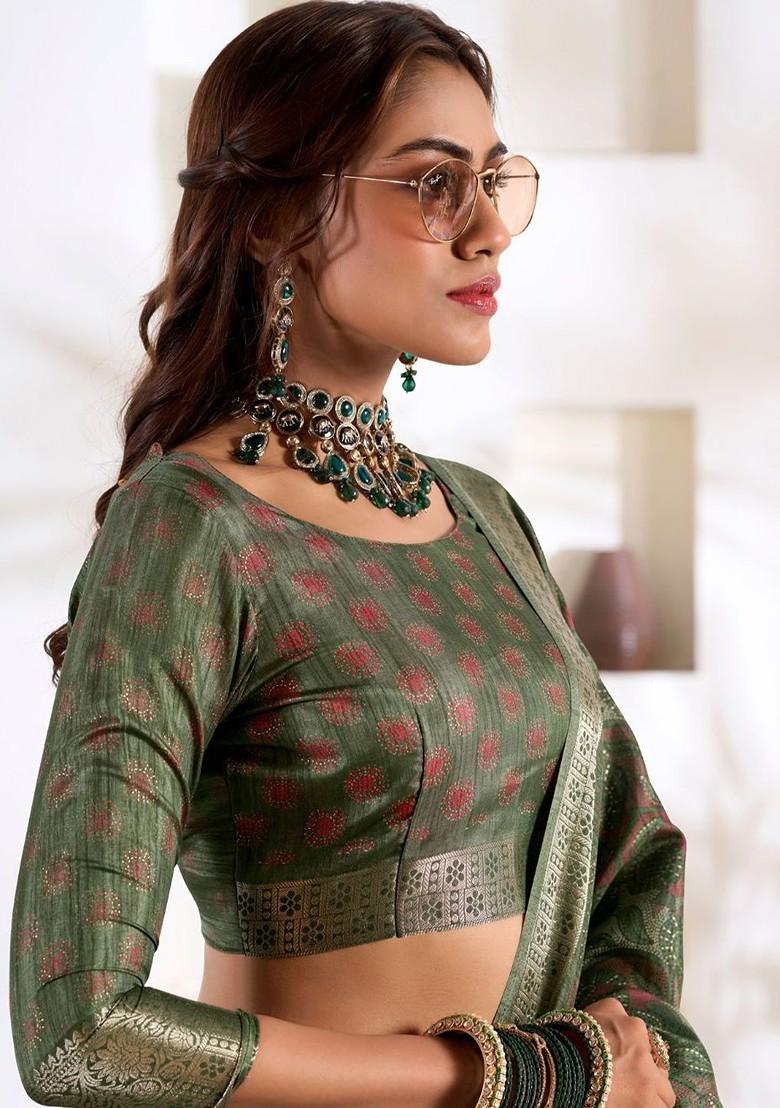 Green Printed Poly Blend Saree Set With Blouse