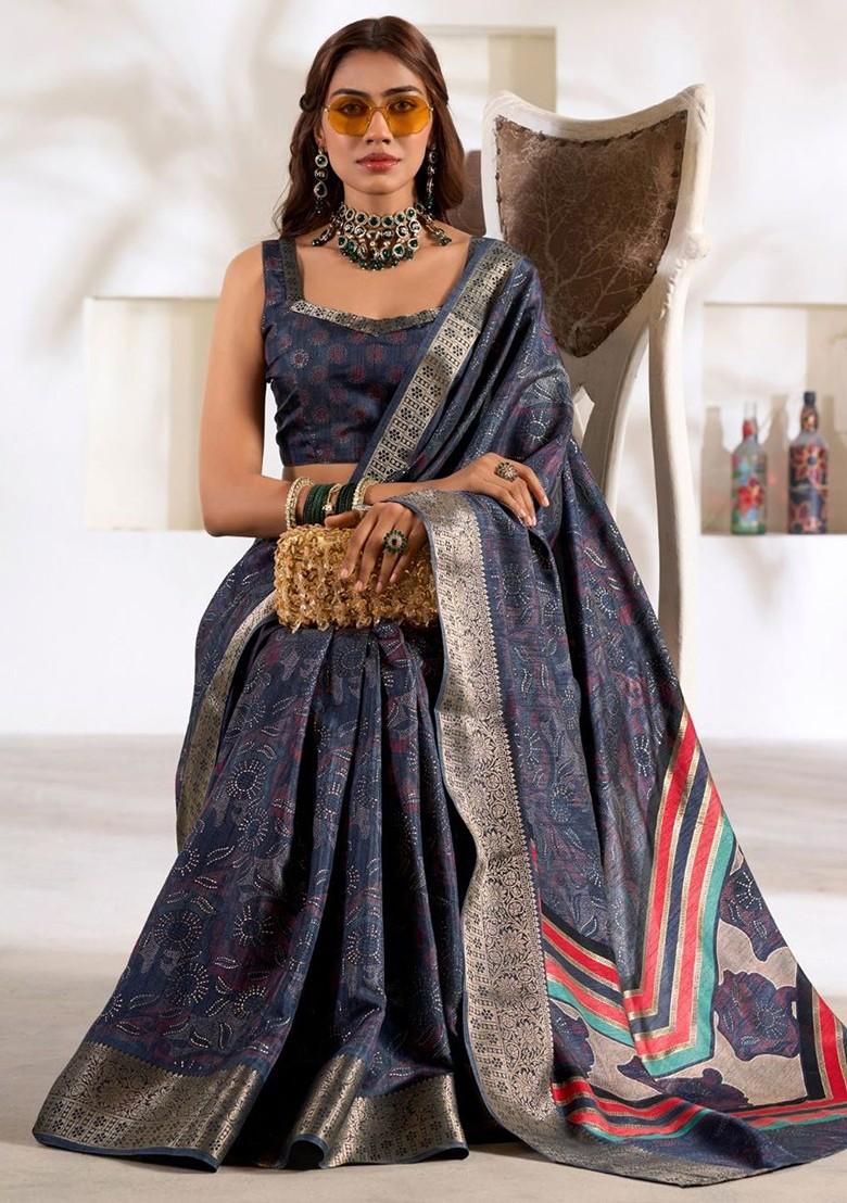 Blue Printed Poly Blend Saree Set With Blouse