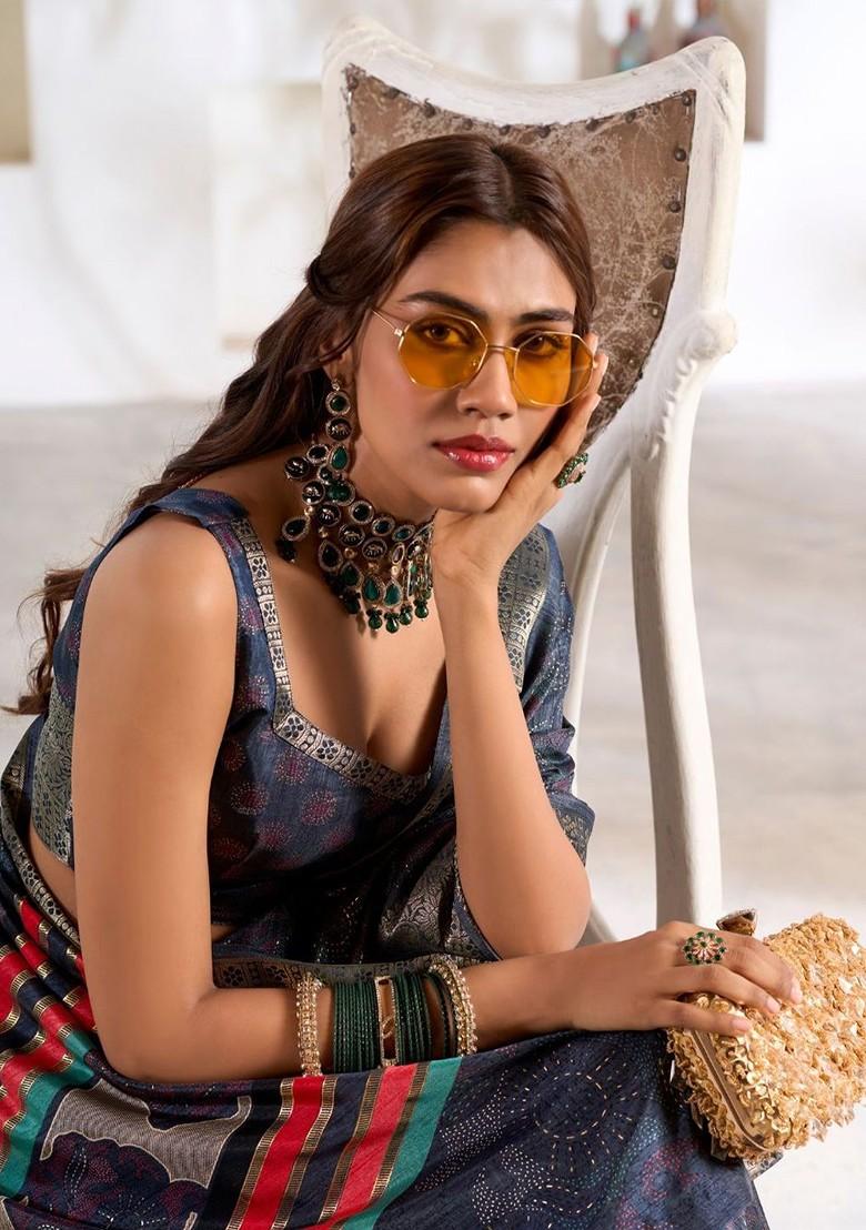 Blue Printed Poly Blend Saree Set With Blouse