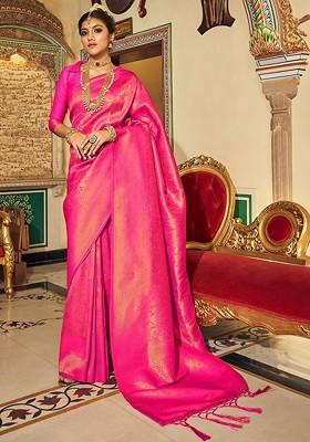 Pink Woven Design Poly Blend Saree Set With Blouse