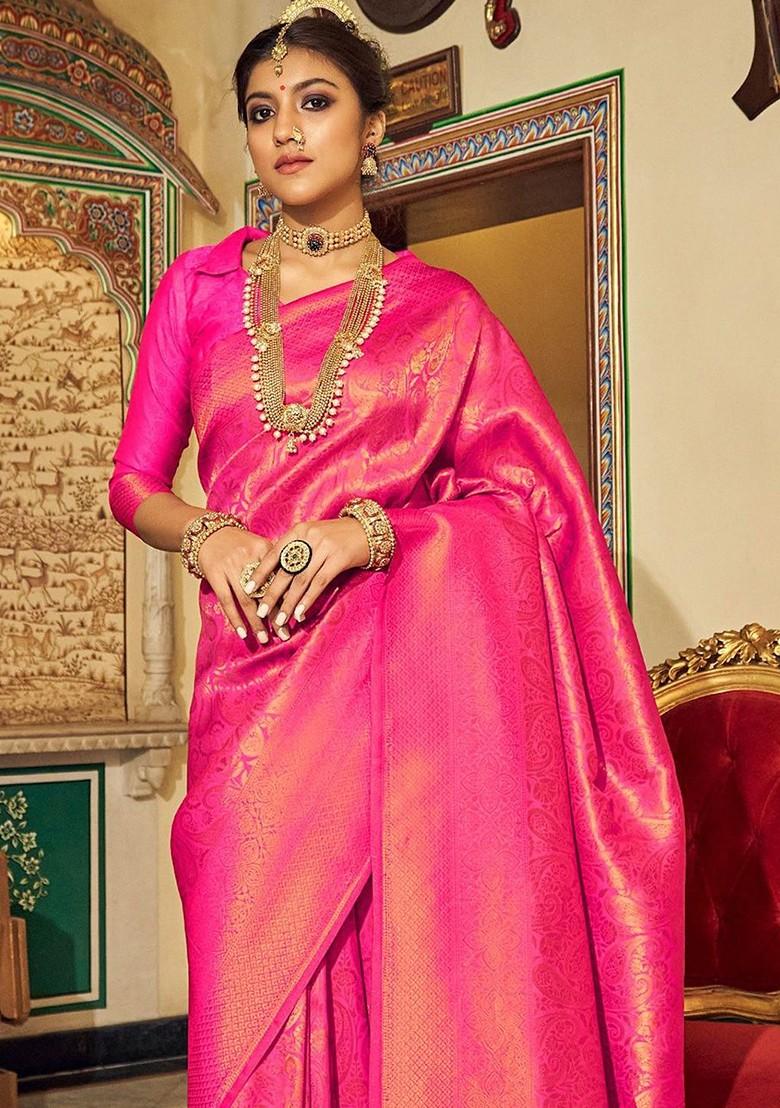Pink Woven Design Poly Blend Saree Set With Blouse
