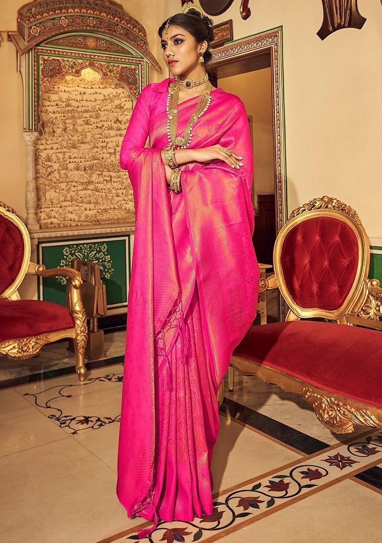 Pink Woven Design Poly Blend Saree Set With Blouse