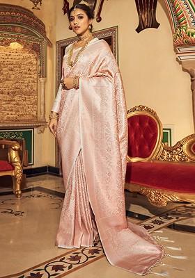 Peach Woven Design Poly Blend Saree Set With Blouse