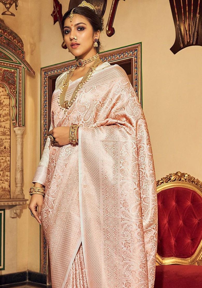 Peach Woven Design Poly Blend Saree Set With Blouse