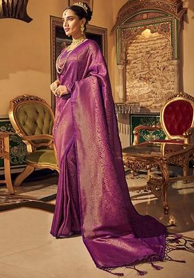 Purple Woven Design Poly Blend Saree Set With Blouse