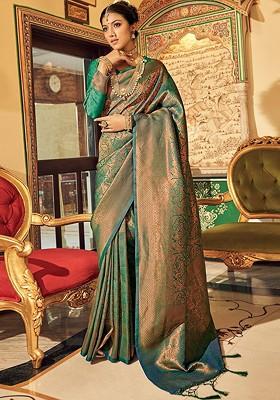 Green Woven Design Poly Blend Saree Set With Blouse