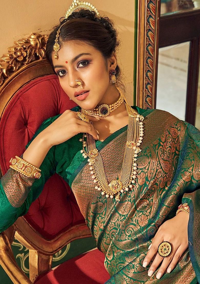 Green Woven Design Poly Blend Saree Set With Blouse