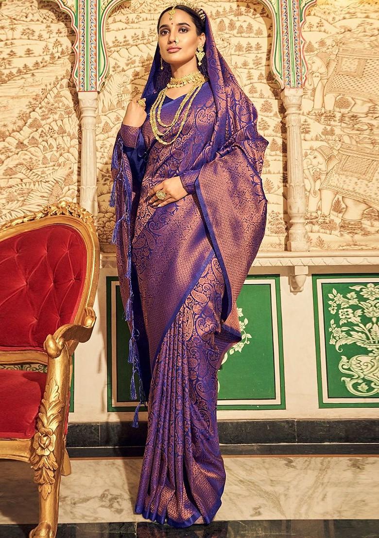 Blue Woven Design Poly Blend Saree Set With Blouse