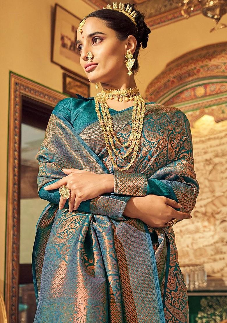 Teal Green Woven Design Poly Blend Saree Set With Blouse