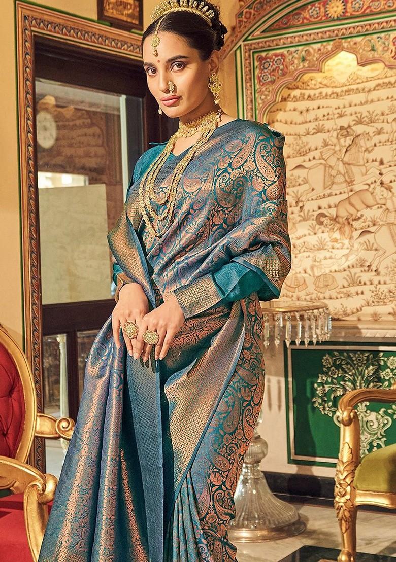 Teal Green Woven Design Poly Blend Saree Set With Blouse