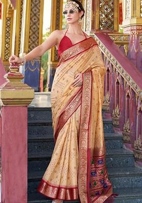Beige Embroidered Poly Blend Saree Set With Blouse