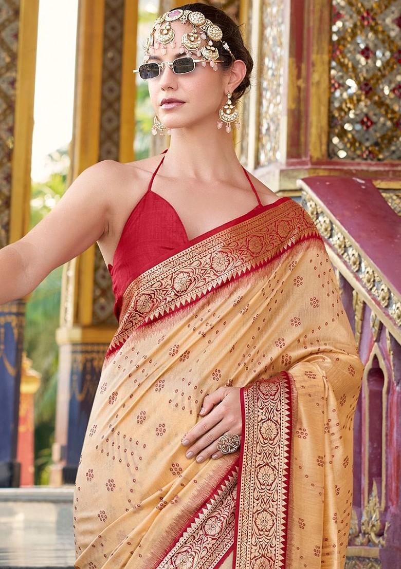 Beige Embroidered Poly Blend Saree Set With Blouse