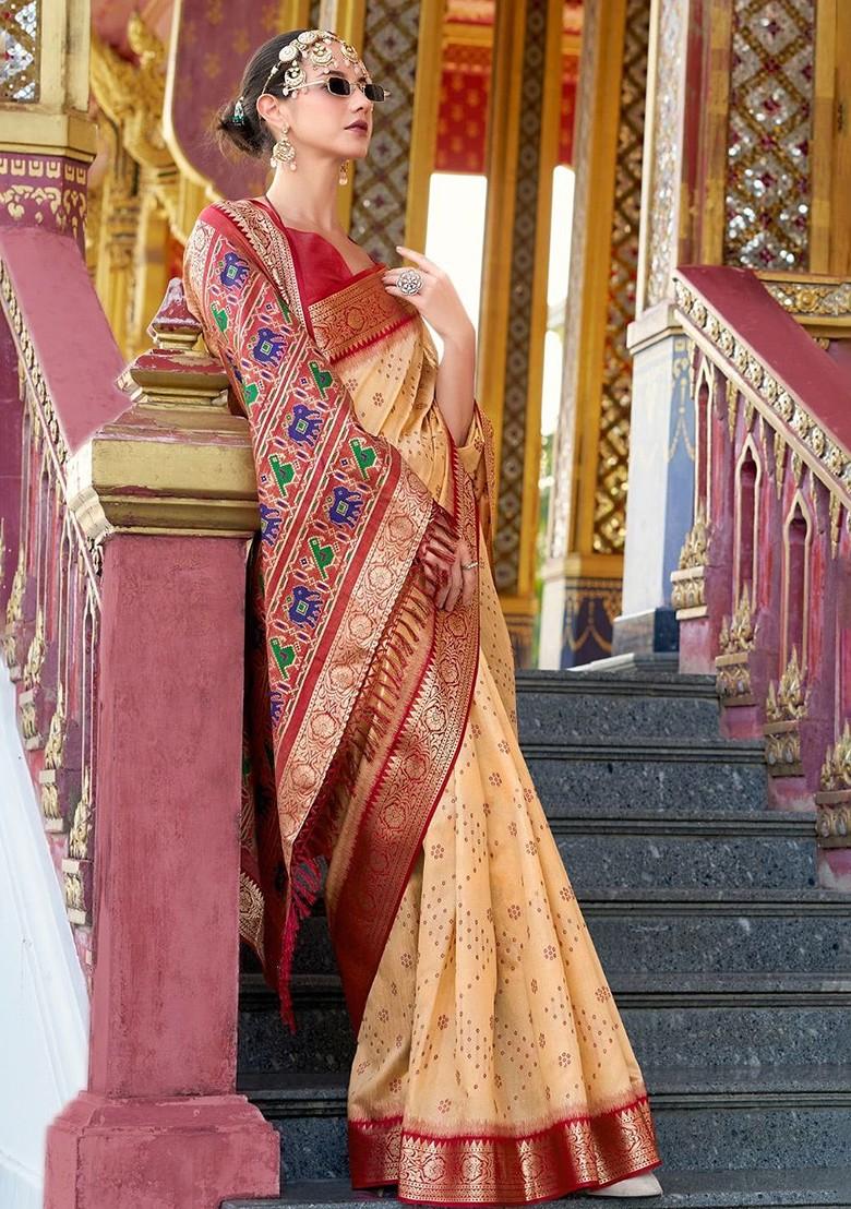 Beige Embroidered Poly Blend Saree Set With Blouse