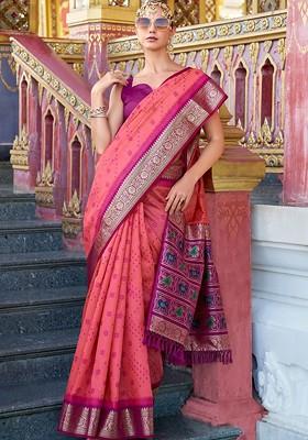 Pink Embroidered Poly Blend Saree Set With Blouse