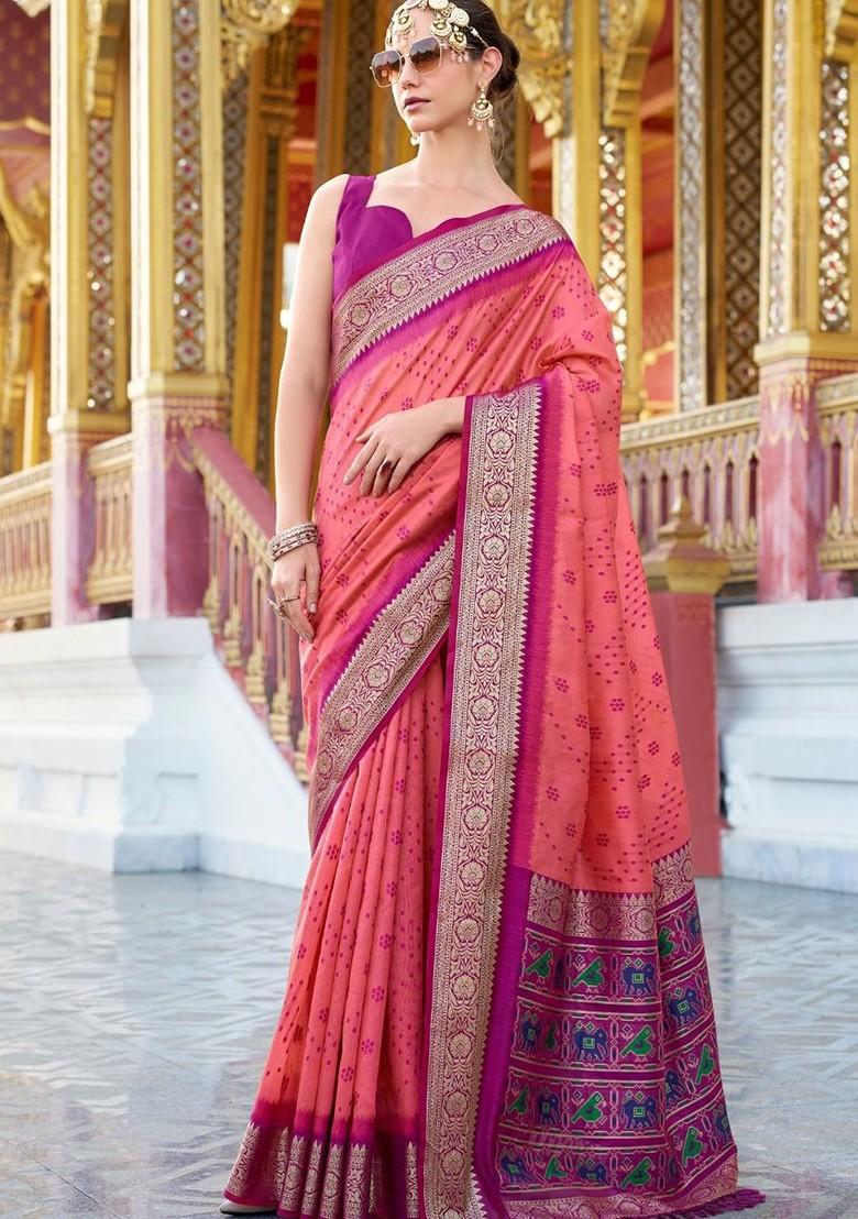 Pink Embroidered Poly Blend Saree Set With Blouse
