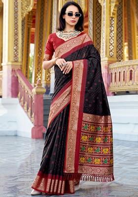 Black Embroidered Poly Blend Saree Set With Blouse