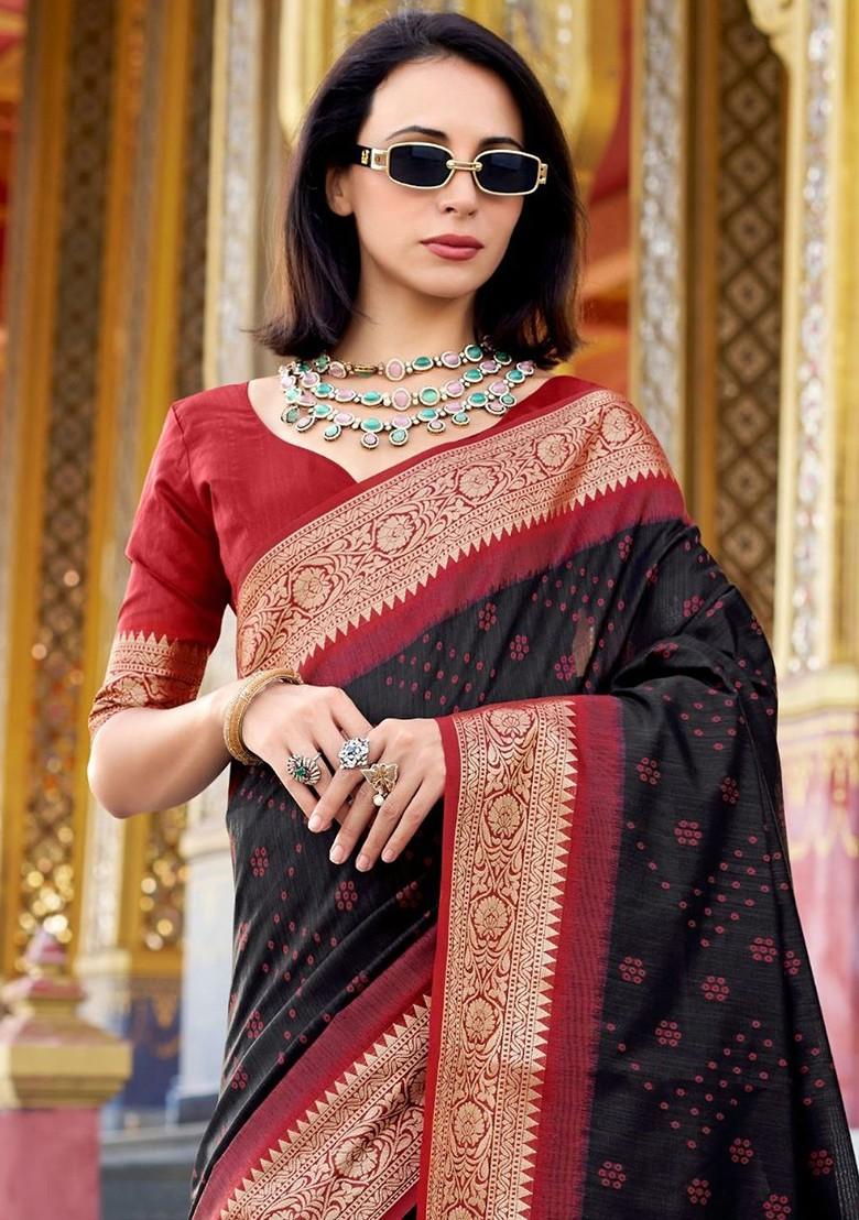 Black Embroidered Poly Blend Saree Set With Blouse