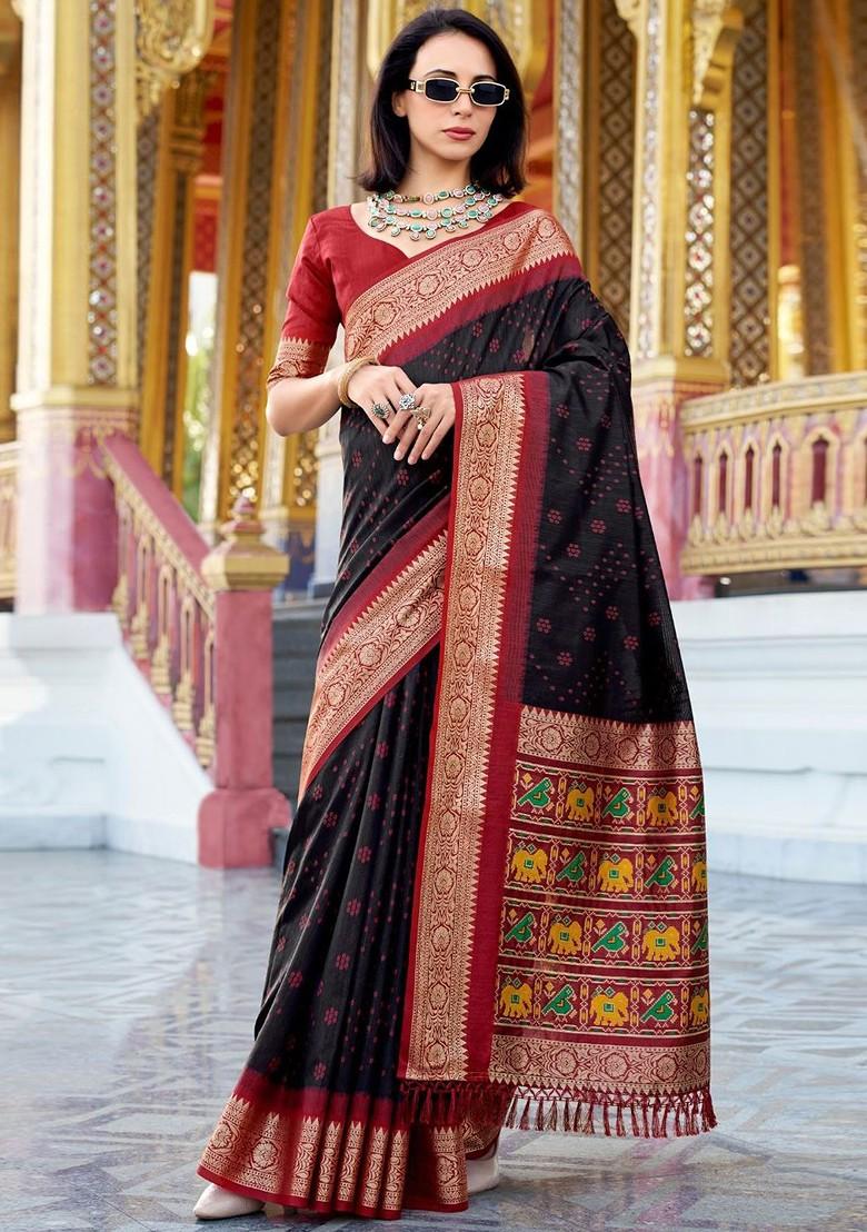 Black Embroidered Poly Blend Saree Set With Blouse