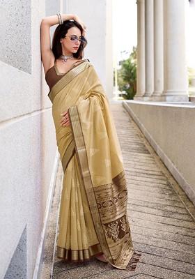 Beige Embroidered Poly Blend Saree Set With Blouse