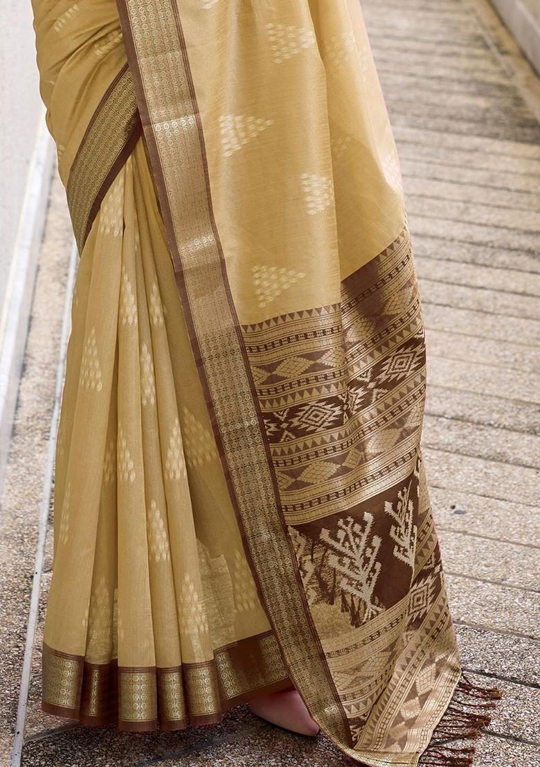 Beige Embroidered Poly Blend Saree Set With Blouse