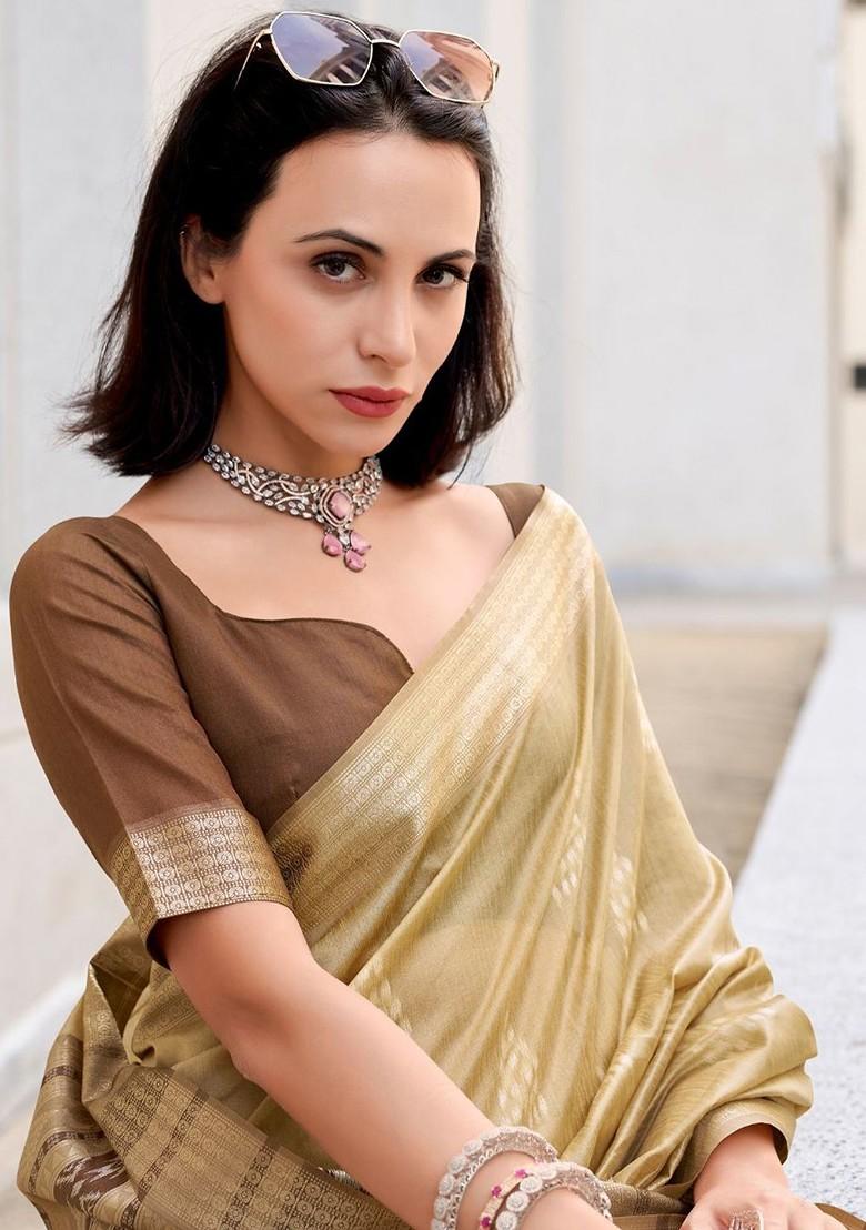 Beige Embroidered Poly Blend Saree Set With Blouse