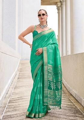 Green Embroidered Poly Blend Saree Set With Blouse