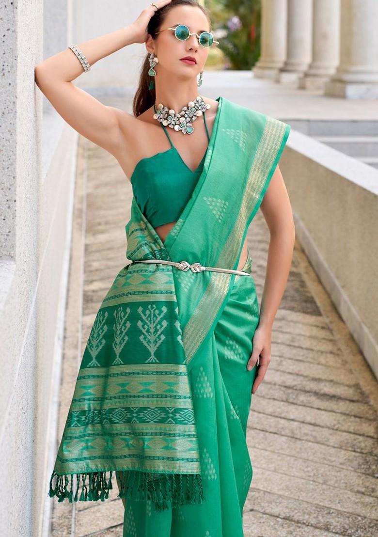 Green Embroidered Poly Blend Saree Set With Blouse