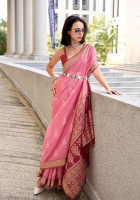 Pink Embroidered Poly Blend Saree Set With Blouse