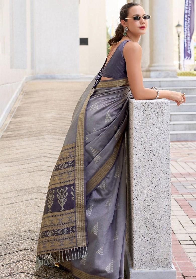 Grey Embroidered Poly Blend Saree Set With Blouse