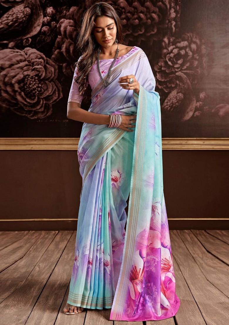 Blue Embroidered Poly Blend Saree Set With Blouse