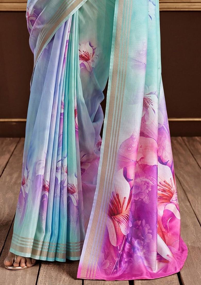 Blue Embroidered Poly Blend Saree Set With Blouse